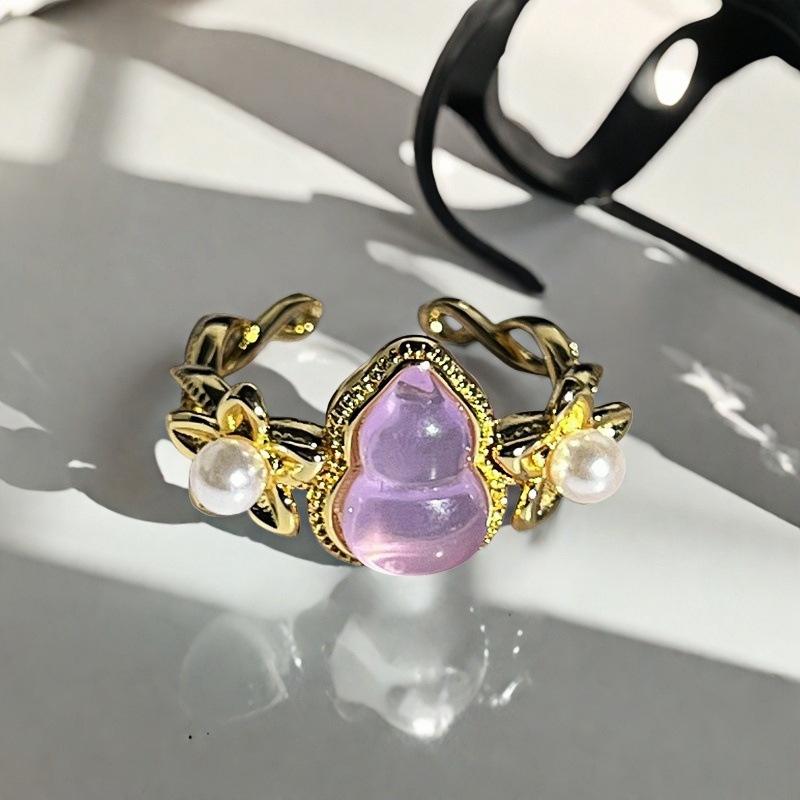 Medieval Bauhinia Flower Gourd Open Ring Women'S Light Luxury Niche Exquisite Pink Zircon High-End Chain Ring
