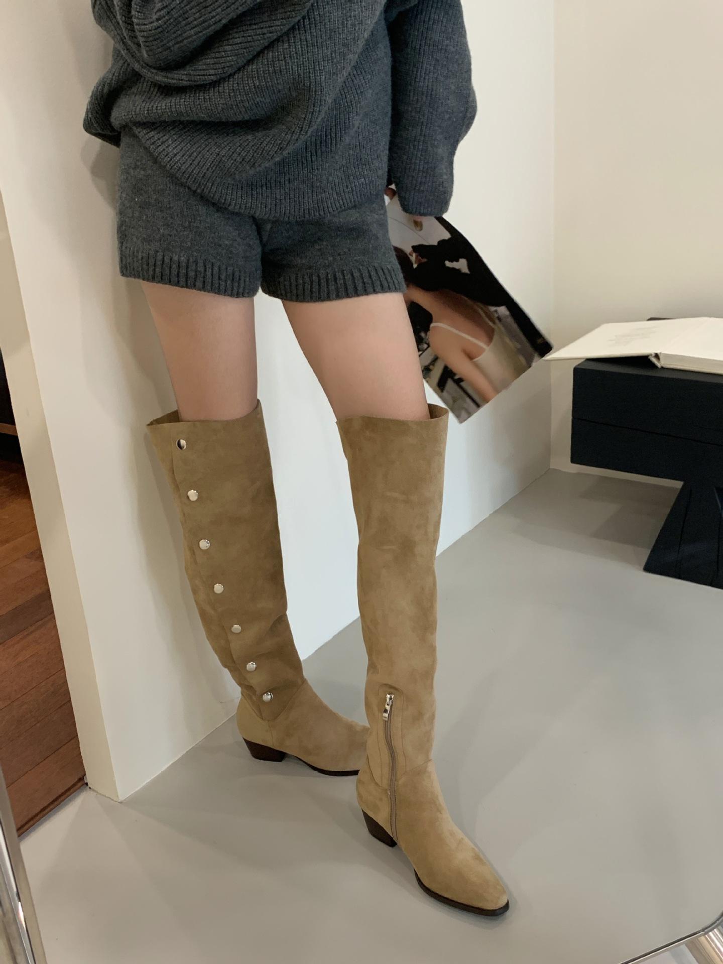 

Khaki tall boots autumn folding boots women s 2025 new thin and tall small Spice Girls short boots 40