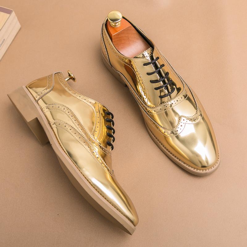 Spring Golden Shiny Men's Leather Shoes Fashion Designer Shoes Baroque Shoes Party Nightclub Designer Soft Sole Casual Flat Shoe