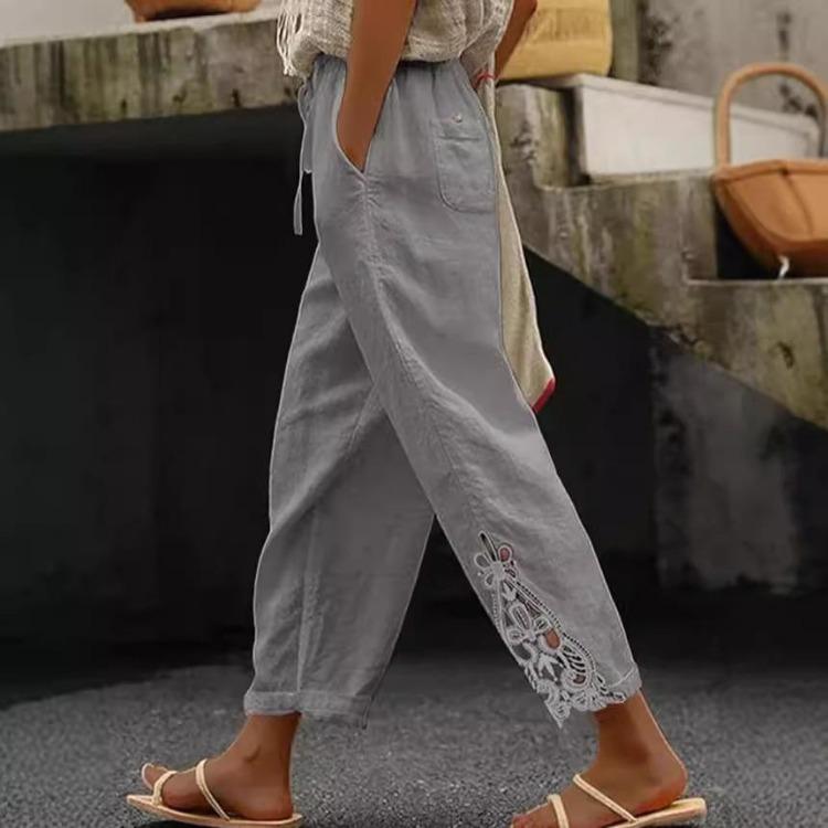 White Casual Pants for Women Loose Fit Elastic Waist Breathable Summer Trousers with Side Cutout Design Multiple Colors