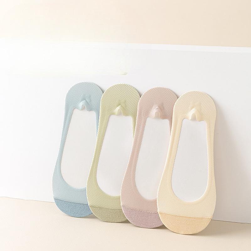 Mesh Ice Silk Women's Boat Socks, Thin, Invisible, Non-dropping Heel, Solid-color Cotton-soled Short Sock, Anti-slip and Breathable Socks