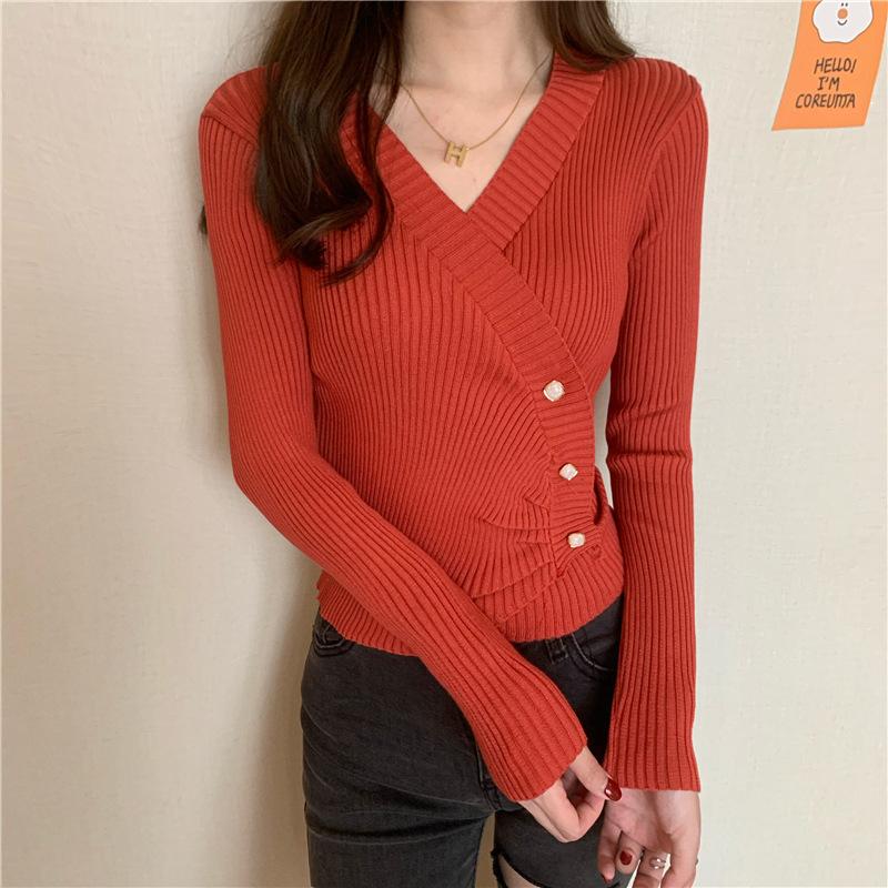 Autumn and Winter Button Irregular Long-sleeved Knitted Sweater Women's New Korean Version Design V-neck Bottoming Shirt Top