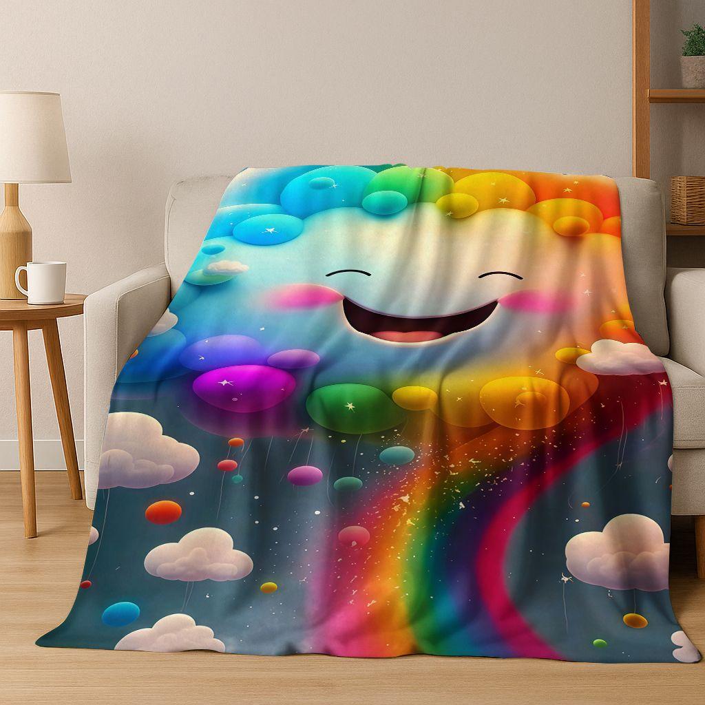 Colorful Rainbow Clouds Dream Sky Cartoon Flannel Blanket,Cozy Soft Throw Blanket for Home Bedroom Bed Sofa Picnic Cover Kids