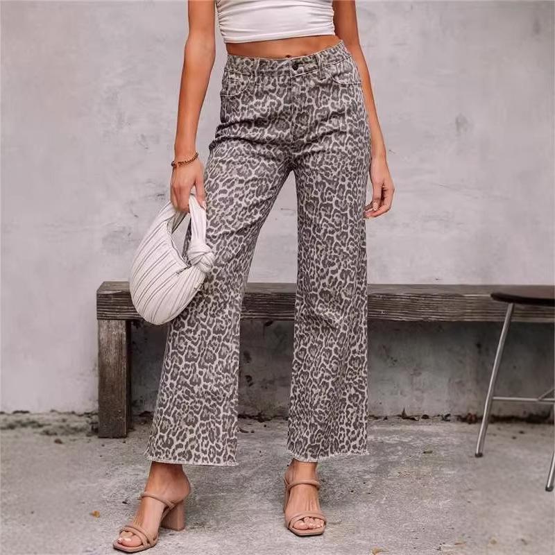 Women S High Waist Leopard Print Straight Leg Jeans European American Style Summer S