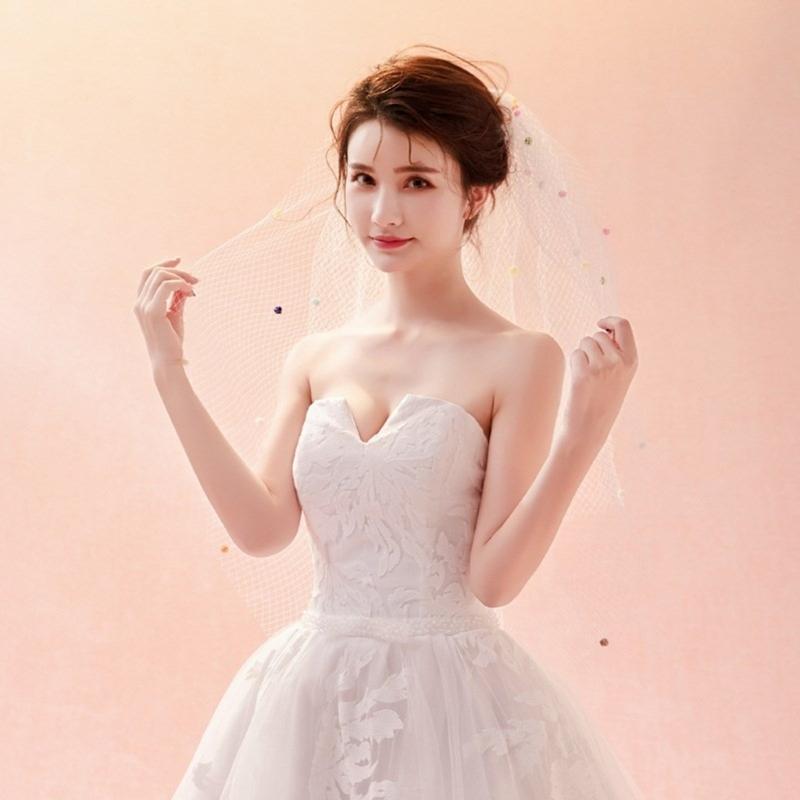 Graceful Bride Lace Veil Women Masquerade Tulle Bachelorette Party Veil with Color Pompoms for Girls Photography