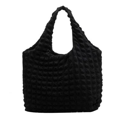 Harujio Popcorn Bag Tote Bag for Women, Quilted Waffle Fluffy Shoulder Bag, Handbag, Eco Bag, Tote Shoulder Bag, Black and White (Black)