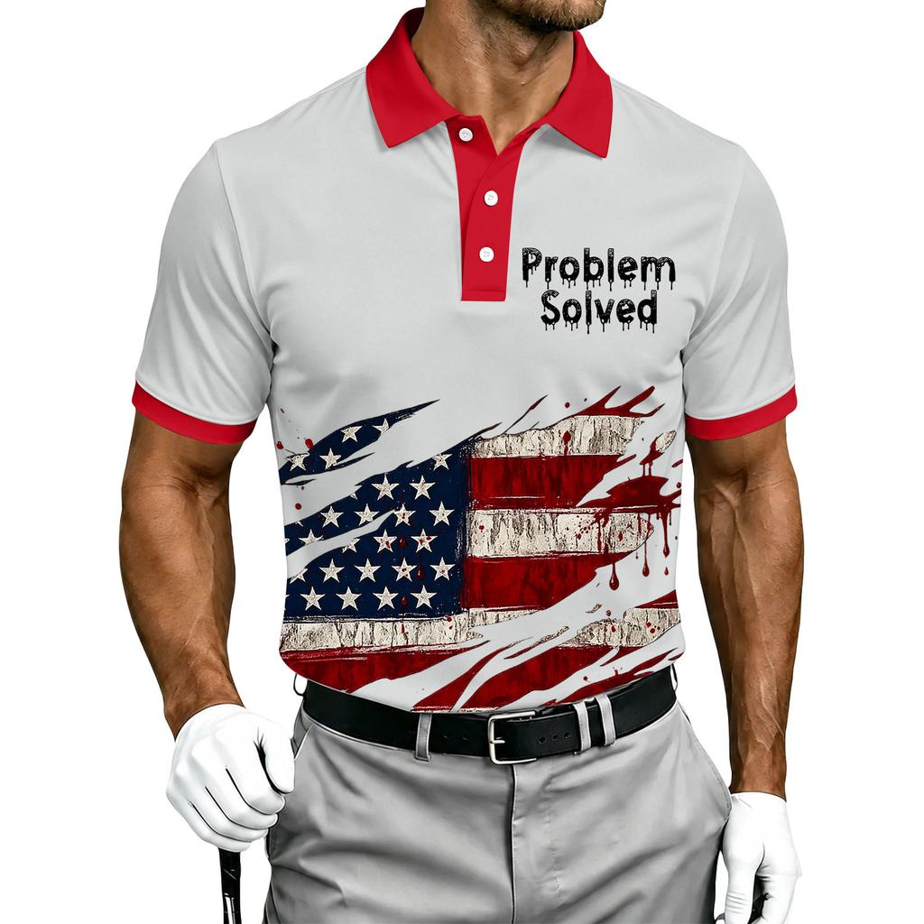 Men's Short Sleeve Polo Shirt Halloween Flag Print Casual Button Down Collar Top Lightweight Breathable Fabric Summer Wear