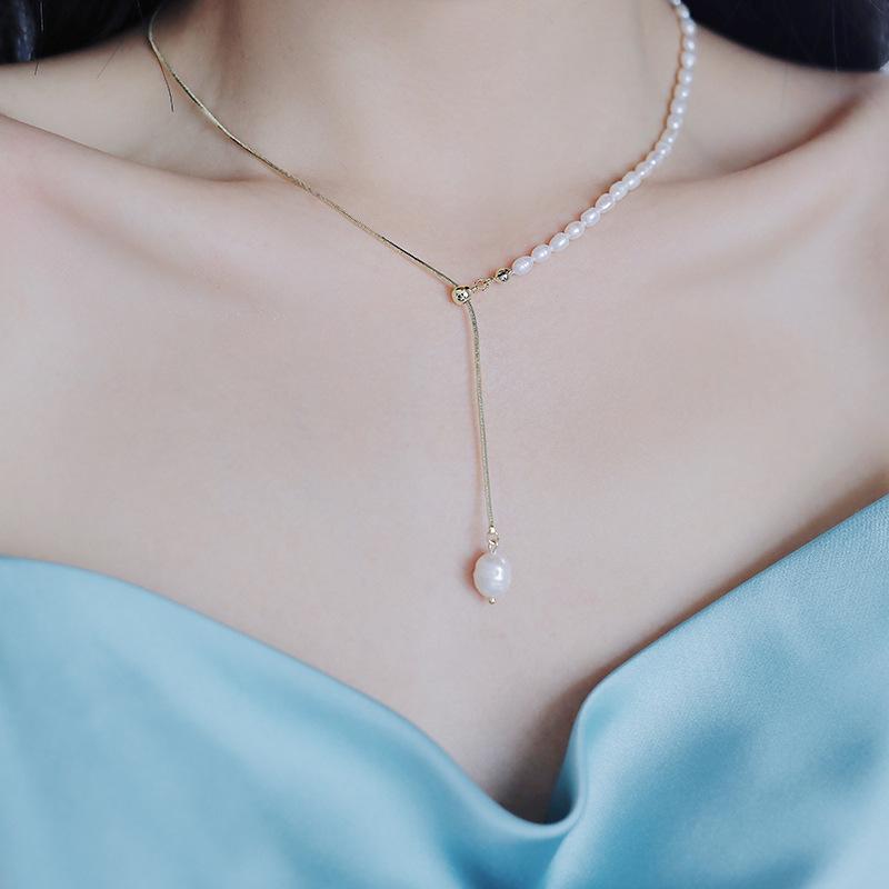 Women's Freshwater Pearl Y-Shaped Clavicle Necklace with Adjustable Sliding Buckle