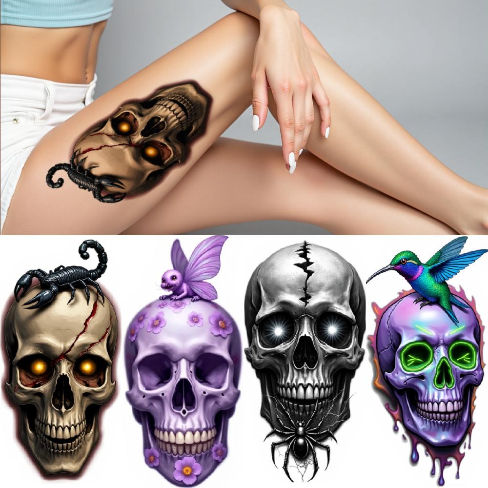 3pcs Temporary Tattoo Realistic Temporary Tattoos Skull With Flowers Skull With Butterfly Skull With Worm For Adults Women