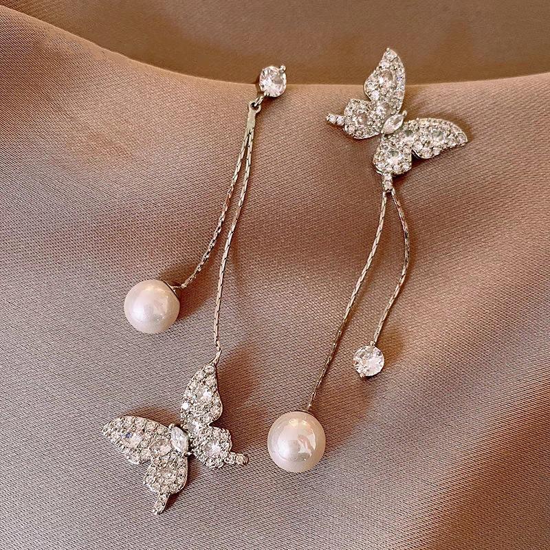 Female Super Flash Asymmetric Butterfly Tassel Earrings