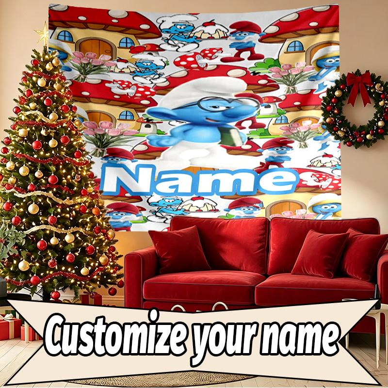 Custom Name Personalized Blue Smurfs Print Tapestry, Wall Art Decor, Bedroom, Dorm, Apartment, LivingRoom, Party Backdrop, Gift for Birthday
