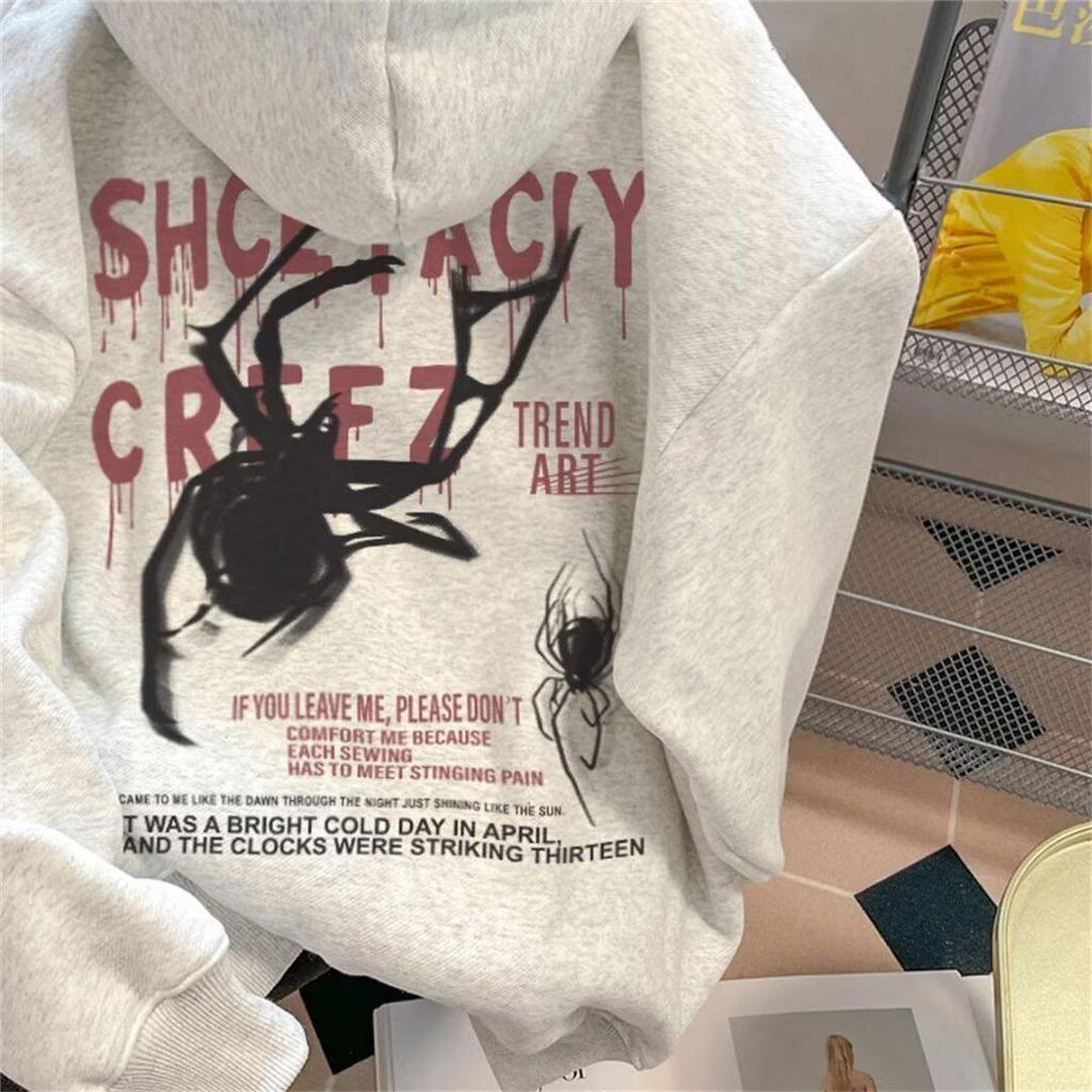 Men's Trendy Spider Print Velvet Hoodie - Autumn/Winter Loose Fit, High-End Feel, Couple's Outerwear.