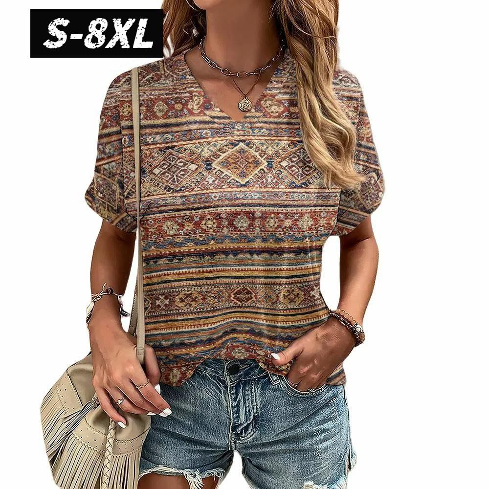 S-8XL Plus Size T-shirt for Women's Summer Short Sleeve Casual Tops Street Fashion V Neck T-Shirt Female Clothing Pullover