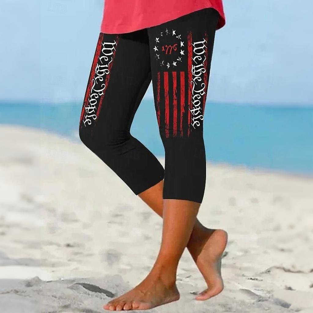 Women Elastic Waist Capri Pants Stretchy Fitted Mid-Calf Length Beach Shorts with Patriotic Print for Summer Casual Wear