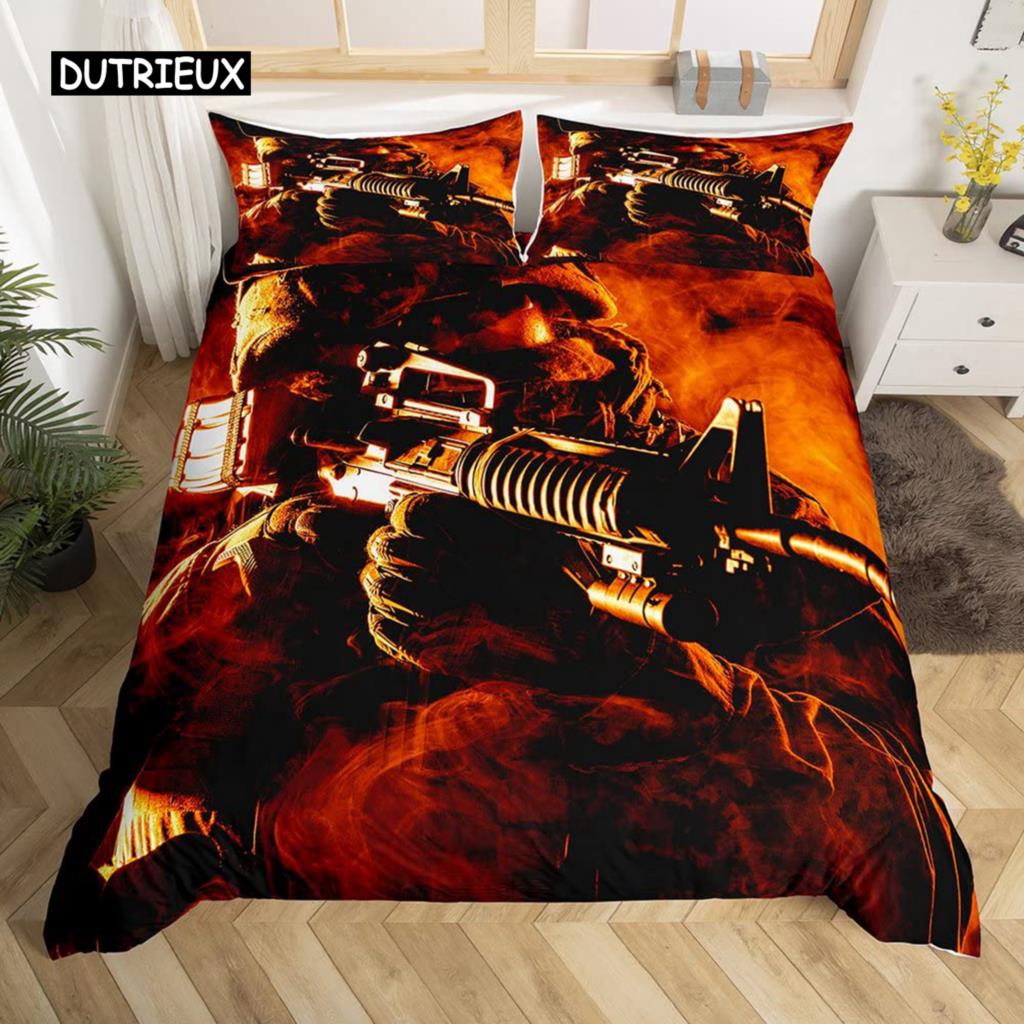 Soldier Duvet Cover Set King Size Soldier Helicopter Silhouette Bedding Set Microfiber 2/3pcs Green Black Military Quilt Cover