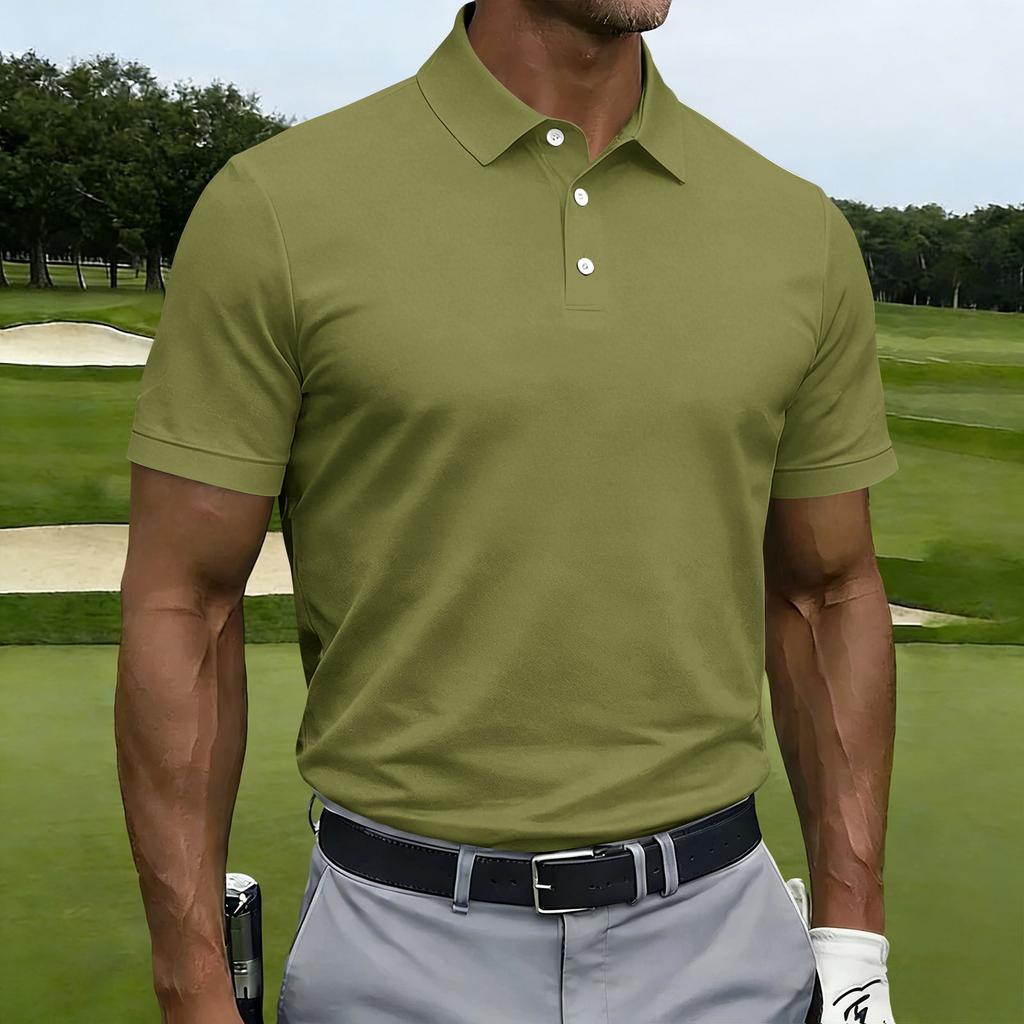 Men Short Sleeve Polo Shirt Classic Fit Button Down Collar Lightweight Breathable Knit Fabric for Business Casual Wear