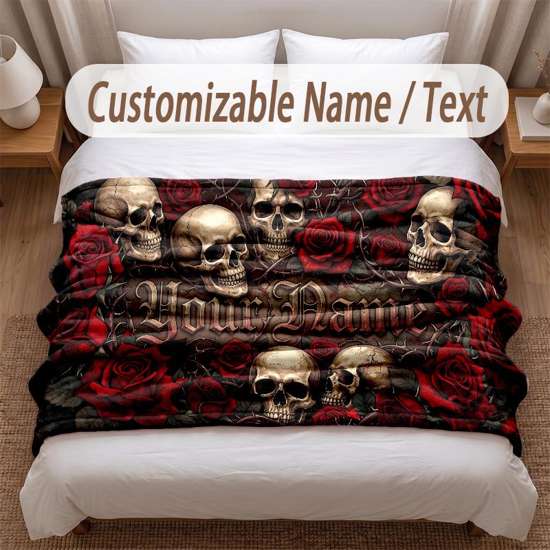 Skull Gothic Theme Soft Blanket Personalized Custom Name Text Print Warm Blanket Home Sofa Bedroom Decor