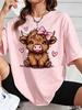 Cute Highland Cattle Printed Women's Round Neck T-Shirt Top Fashion Summer Street Y2K Short Sleeved Casual Shirt Women Clothing