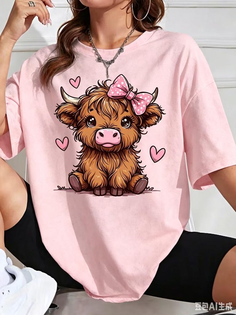 Cute Highland Cattle Printed Women's Round Neck T-Shirt Top Fashion Summer Street Y2K Short Sleeved Casual Shirt Women Clothing