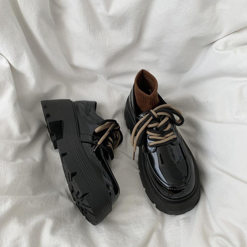 Thick heel thick sole heightened lace-up black small leather shoes women's autumn 2025 new versatile British style retro single shoes