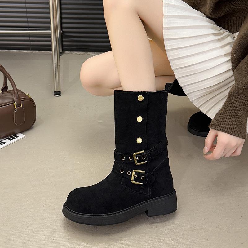 2025 New French Retro Versatile Round Head Thick Heel Western Boots for Women Wear Folded Matte Leather Medium Tube Martin Boots