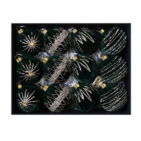 12 Pcs Velvet Glitter Christmas Ball Ornaments 3.15" Shatterproof Flocked Sequin Balls Christmas Tree Ornaments for Indoor Outdoor Holiday Party Decor