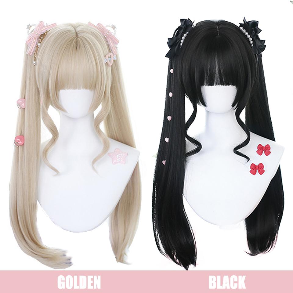 Long Straight Hair Double Ponytail Synthetic Wig Female Straight Bangs Lolita Cosplay Festival Straight Hair Double Ponytail Wig