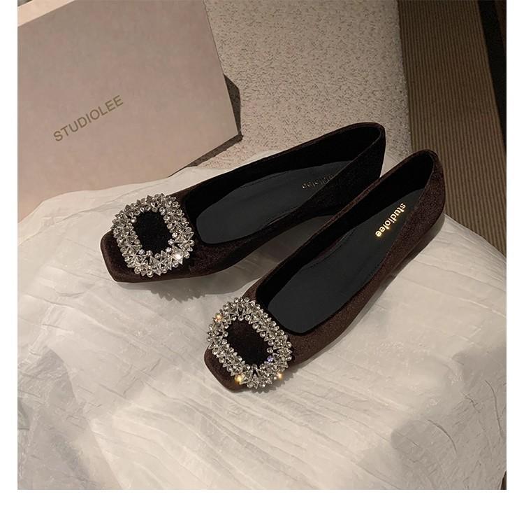 Sheepskin Version~ Grape Mother, the Same Evening Wind Diamond Buckle Round Head Versatile High Heels Suede Thick Heel Light Mouth Single Shoes Women