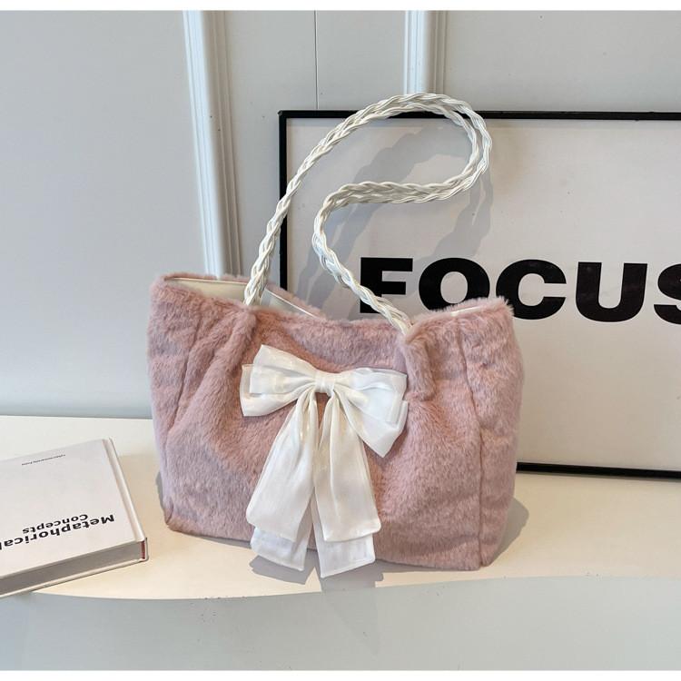 Plush Butterfly Bow Large Capacity Bag 2023 Autumn Winter New Single Shoulder Bag Fashionable Sweet Commuter Fuzzy Tote Bag