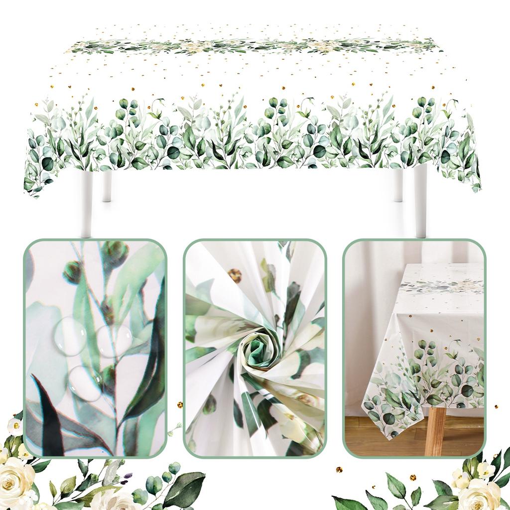 183x137cm Eucalyptus Leaves Disposable Tablecloth Sage Green Plastic Table Cover for Summer Spring Birthday Party Table Decor