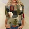 Women's Fashion Casual Round Neck Three-quarter Sleeve Retro Floral Print T-shirt Top