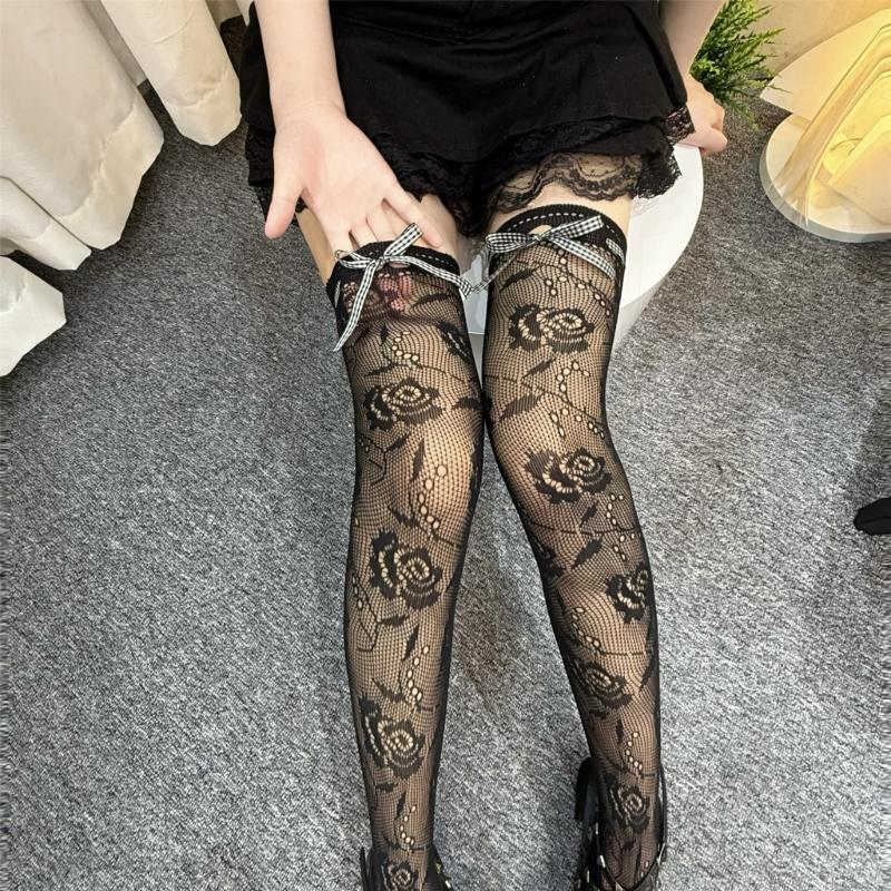 Lace Thigh High Socks With Rose Pattern Hollows Out Design Breathable Over Knee Stockings For Women Comfortable Polyester
