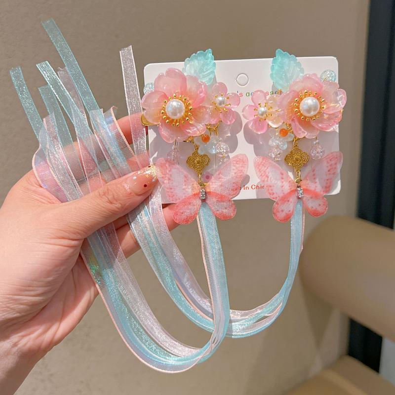 1 Pair Ancient Chinese Hanfu Girl'S Tassel Hair Clip Princess Style Flowing Silk Hairpin Adorable Headwear For Little Girls