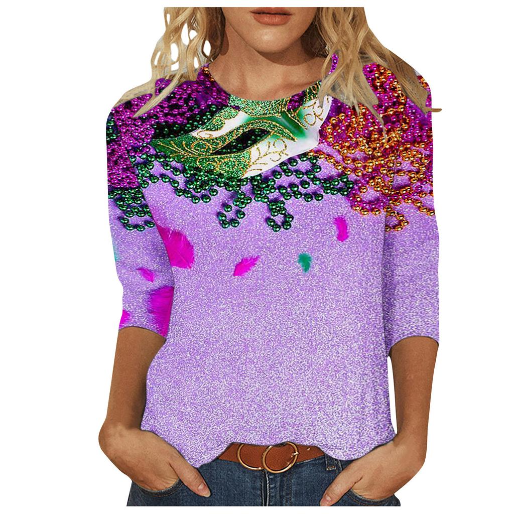 Long Sleeved Glamorous Mask Patterned Top Carnival Themed Printed Women's T-shirts
