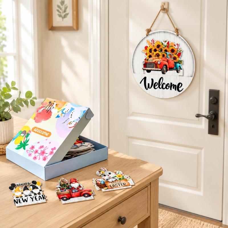 Seasonal Welcome Door Sign Set, Front Door Decors with 13 Changeable Theme Inserts, Round Hanger for New Year, Easter, Thanksgiving, and Christmas