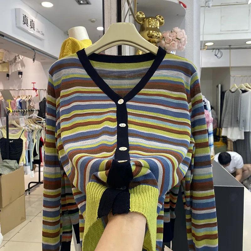

Women s New Contrast Color V Neck Rainbow Stripe Knit Cardigan Fashion Temperament Slim Long Sleeve Sweater Spring Autumn Style OneSize чёрный