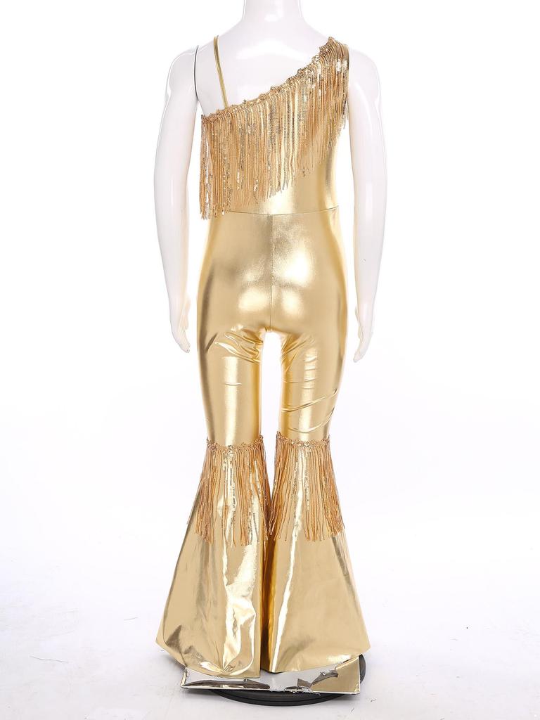 Kids Sparkly Jumpsuit Off-shoulder Sleeveless Sequin Tassels Flared for Pageant Show