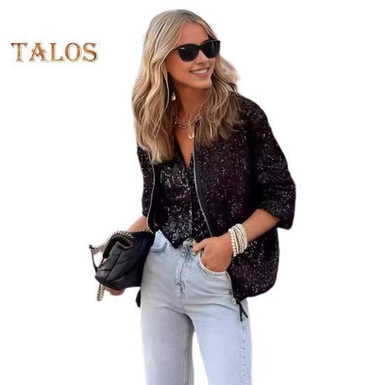 

Женское осенне-весеннее пальто с пайетками, короткое, с длинными рукавами, застежкой-молнией, свободная круглая горловина, для вечеринок, клубов, свиданий, офиса, повседневная куртка M чёрный