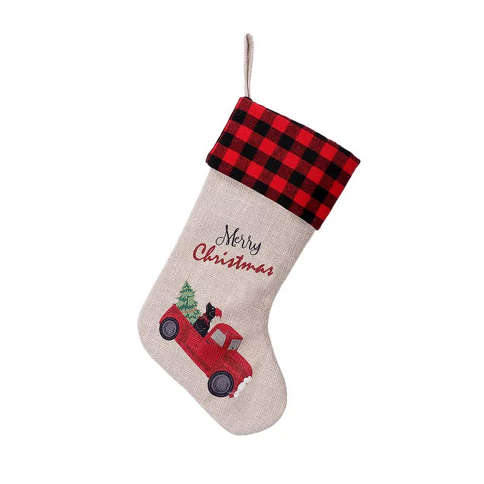 

Christmas Stocking Plaid Trim, 18.5 Inch Vintage Xmas Stocking With Red Truck Pattern Christmas Trees Fireplace Decoration One Size