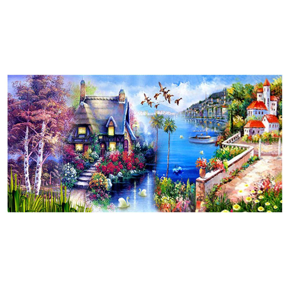 

Полный квадратный/круглый дрель 5D DIY алмазная живопись река вишневый дом на дереве Алмазная вышивка крестиком домашний декор Y5246 round 30x60cm белый