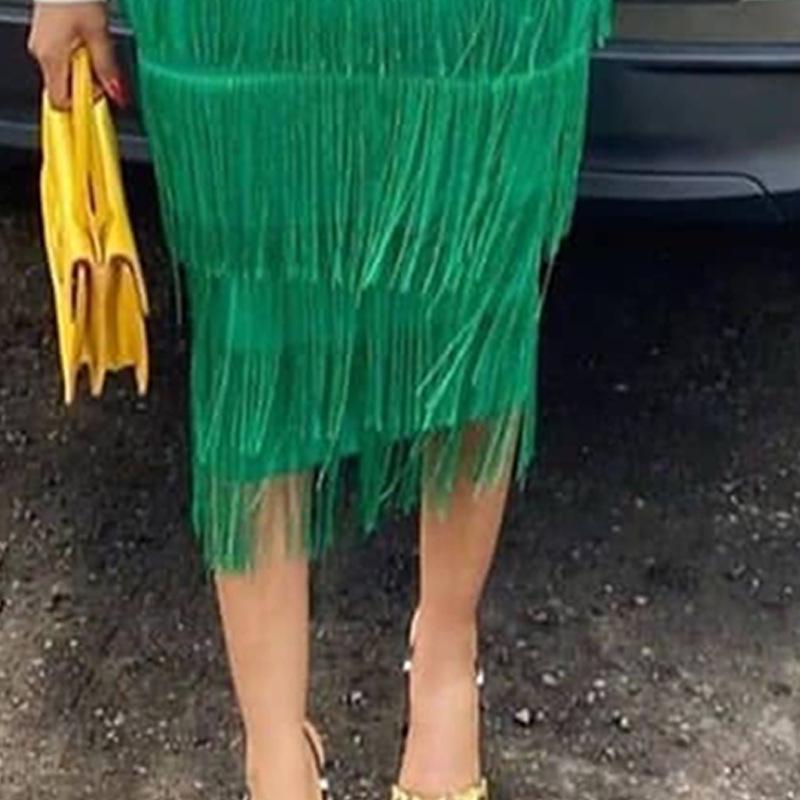 Women's Plus Size High Waist Fringe Patchwork Bodycon Pencil Midi Skirt for Parties