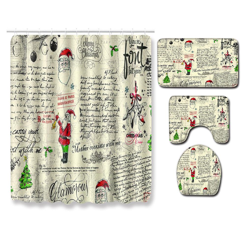 Christmas Shower Curtain Floor Mat Combination Four-Piece Set Bathroom Toilet Carpet Shower Room Mat Foot Mat
