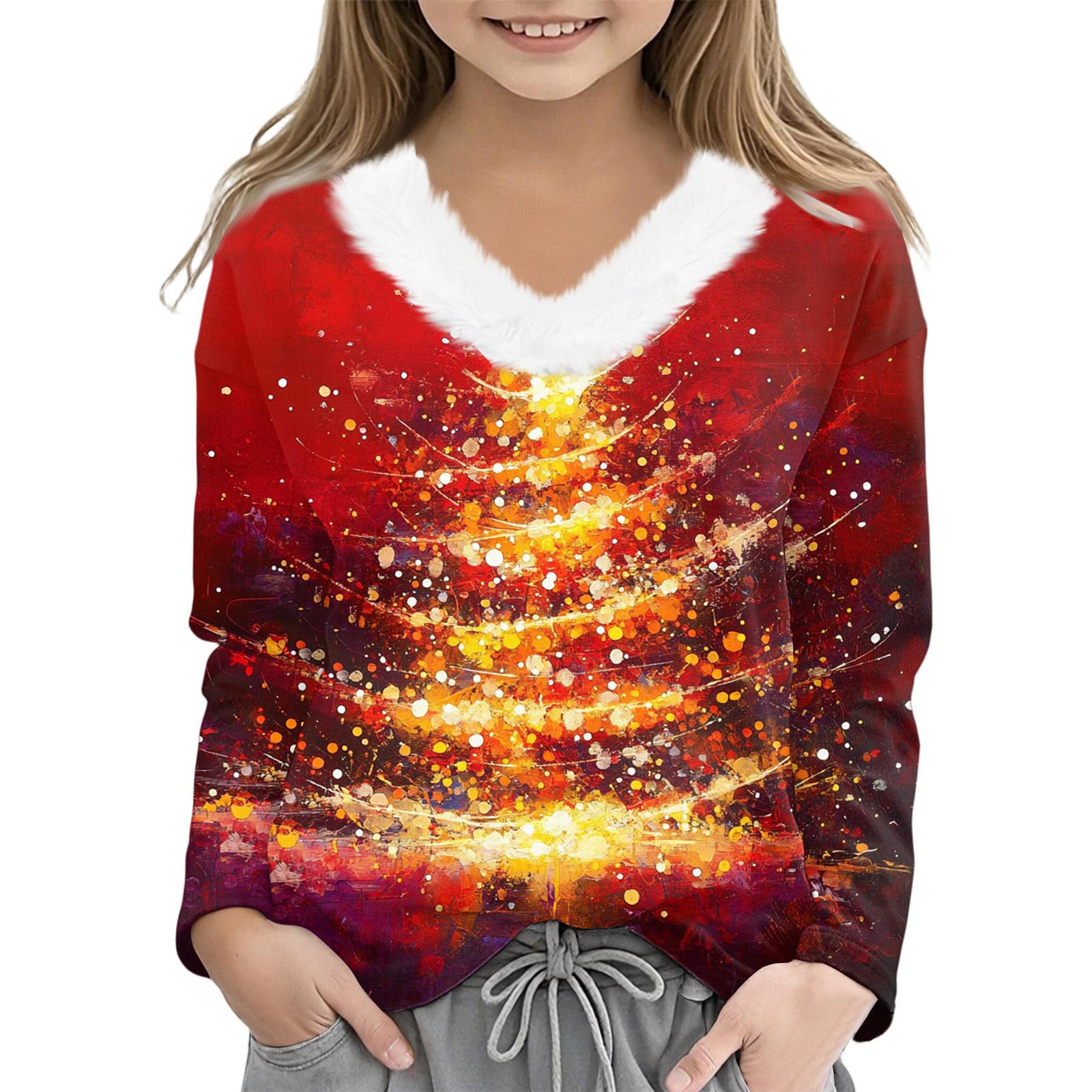 

Christmas Day Girls Long Sleeve T Shirts Kids Girls V-Neck Tee Christmas Print Long Sleeve Top 160 жёлтый