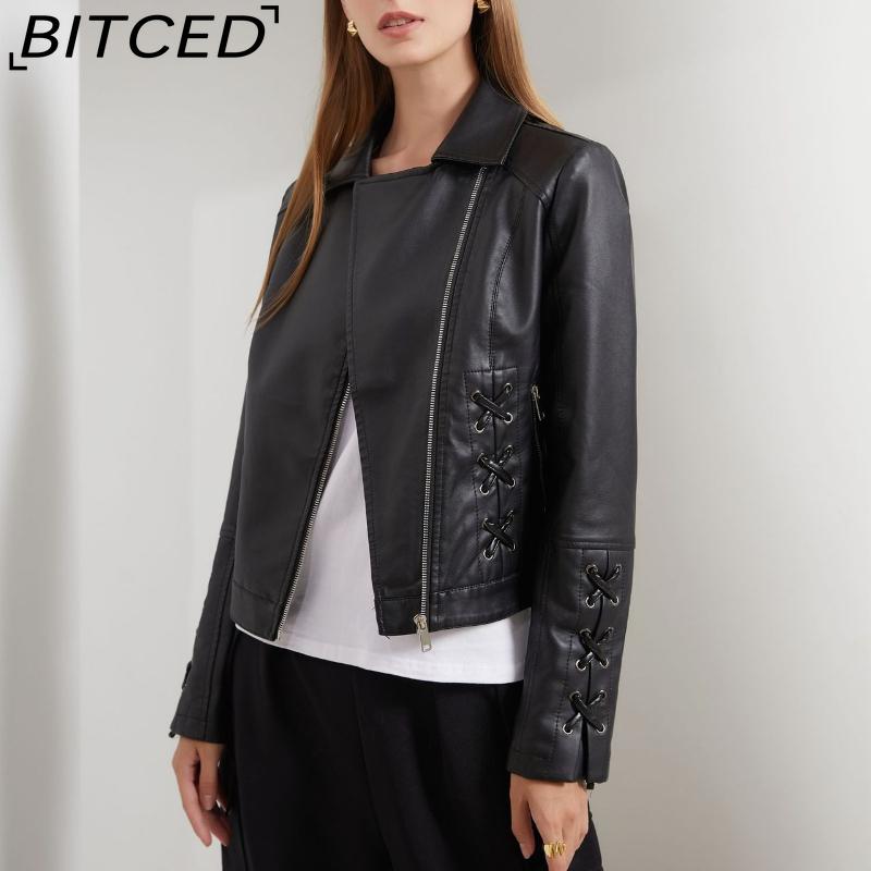 BITCED Fashion Knitted Leather Jacket for Women with Straps Trendy Clothing Casual Jacket