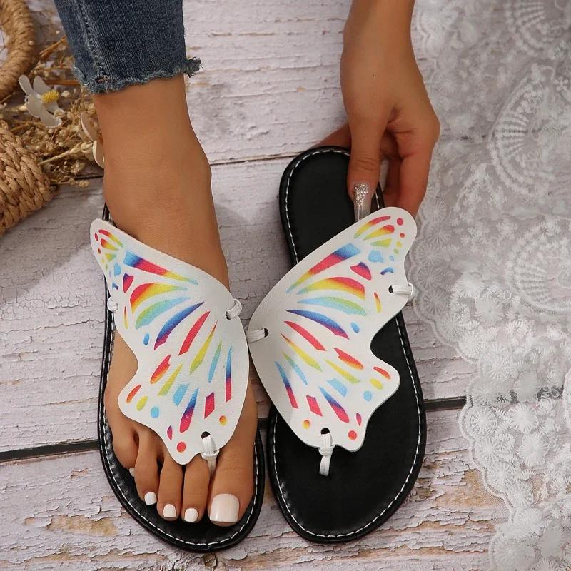 Women Butterfly Graffiti Slippers2025 Summer Fashion Lightweight Anti Slip Flat Bottom Flip Flops Outdoor Beach Casual Shoes