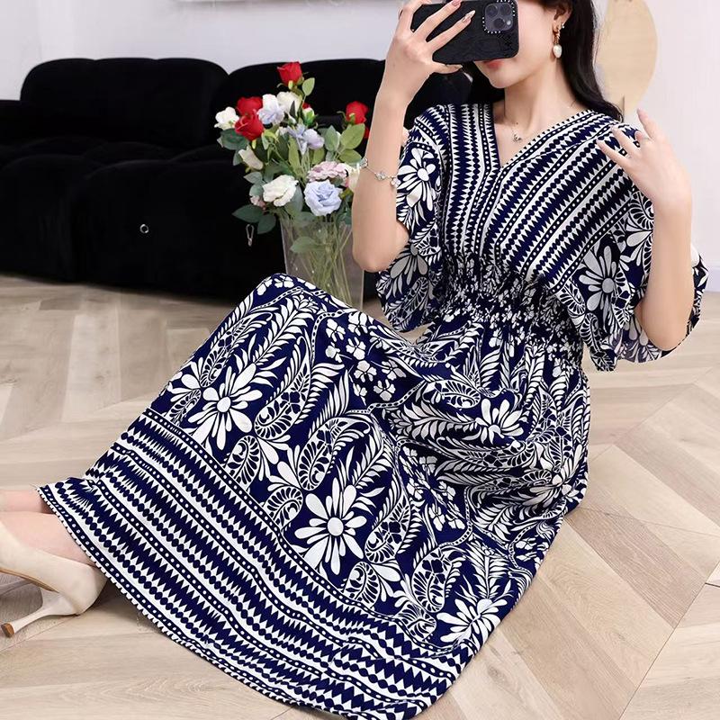 25th Anniversary Ethnic V-Neck Rayon Short Sleeve French-Thai Print Holiday Dress for Women