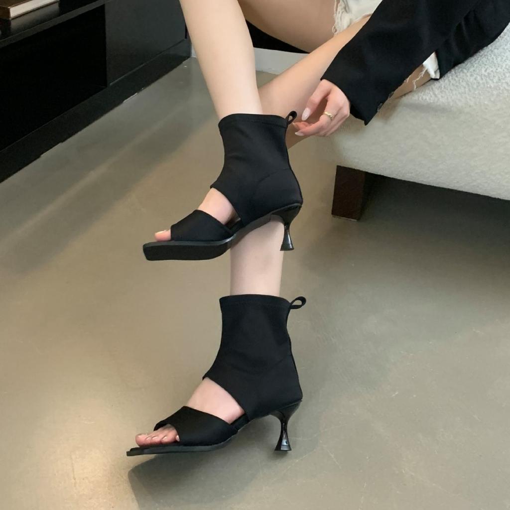 Women's Fashion French-style Ankle Boots Summer Square-toe Thong Elastic Fabric Sandal Boots