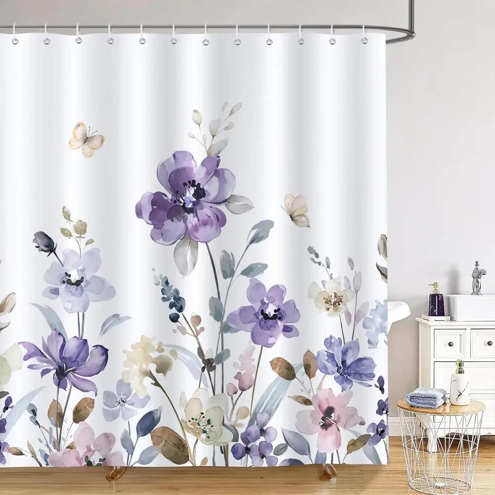 Purple Floral Shower Curtain Watercolor Flower Leaves Wildflower Polyester Fabric Washable Shower Curtains Bathroom Decoration