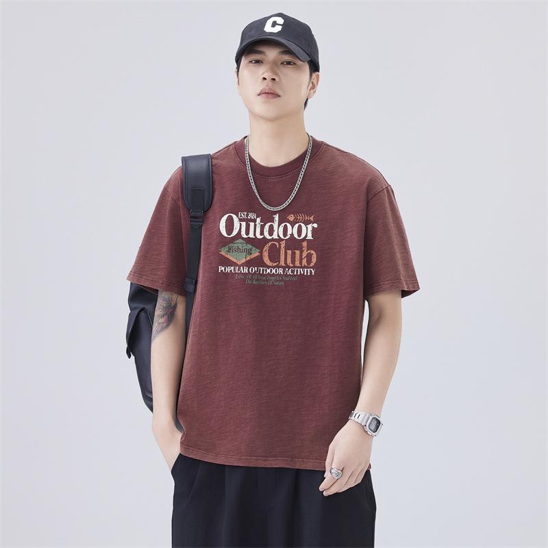 Thin Summer New Men's Short-sleeved T-plate Print Loose Shoulder-down Round Neck T-shirt Short-sleeved