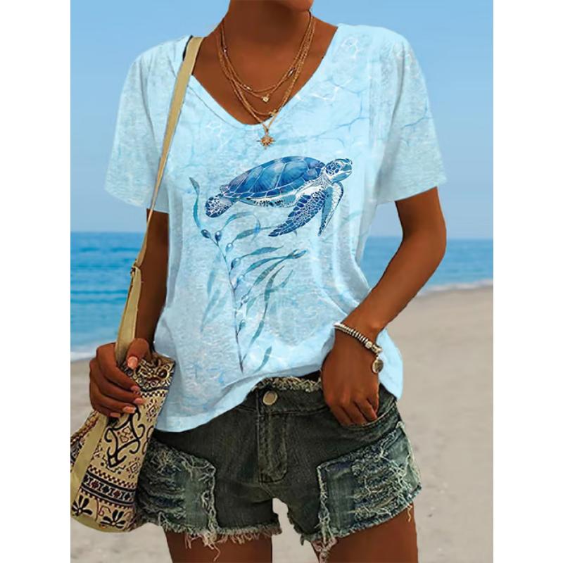 Fashion Women's V-Neck Short Sleeve 3D Casual Color Printing Casual Short Sleeve V-Neck T-Shirt